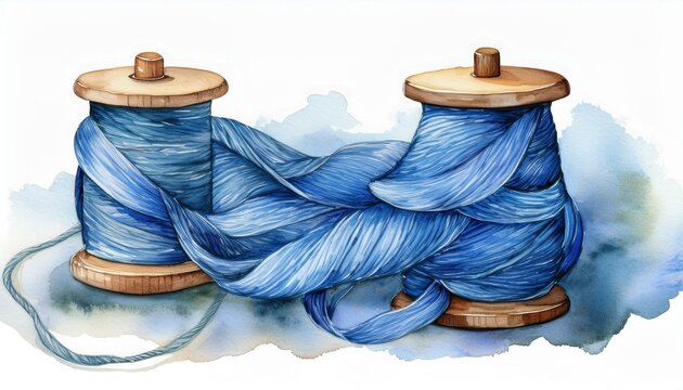 A small wooden spool with indigo thread, delicately hand-painted in watercolor. The thread g