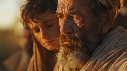 A close-up view of Abraham’s face as he binds Isaac’s hands, tears rolling down his cheeks. Isaac’s face is seen in the background, calm and serene. The soft morning light creates a gentle glow,