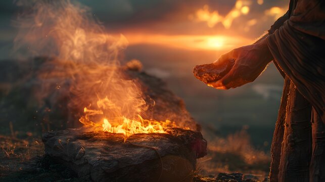A close-up view of Abraham’s hands holding the ram gently on the stone altar as flames rise around it. Smoke swirls softly into the sky, and the light from the fire casts long shadows.