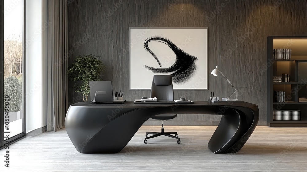 Poster minimalist office workspace with a simple design, featuring a dark desk and flowing lines