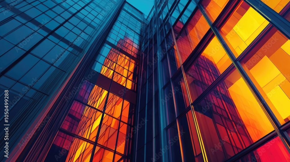 Poster modern building facade illuminated with vibrant colors at dusk. generative ai image