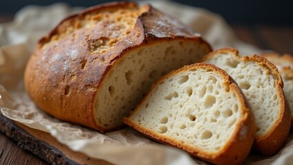 Naklejka premium Freshly baked sourdough bread with golden crust and airy interior sliced open