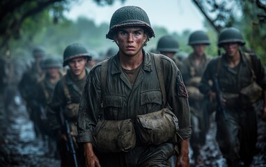 Fototapeta premium Through mud and rain, young soldiers bravely march, their faces etched with determination and a hint of fear. The weight of war is palpable.