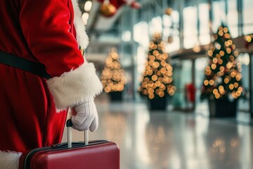 Santa Claus holding a red suitcase in a bright airport decorated with Christmas trees and lights, concept of travel