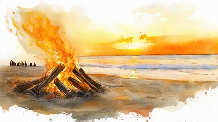 Fototapeta premium Soft Watercolor Bonfire at Sunset on Beach
