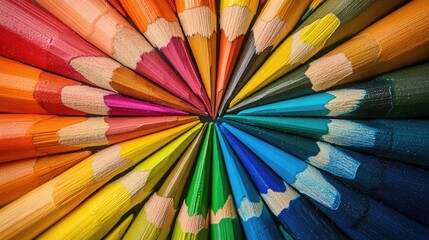 Prismatic rainbow of neatly arranged color pencils in a geometric composition, inspiring creativity