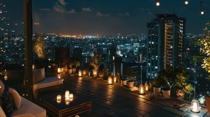 Obraz premium A romantic evening on a rooftop terrace overlooking a city skyline, Urban setting with romantic ambiance, Romantic style