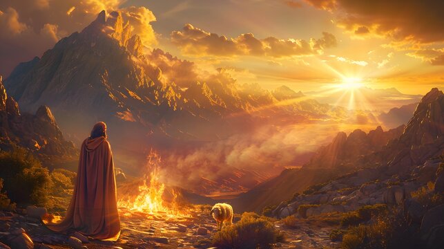 A majestic scene of Abraham sacrificing the ram, with the fire burning brightly on the altar and the last rays of sunlight casting a golden glow over the mountains of Moriah.