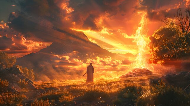 A majestic scene of Abraham sacrificing the ram, with the fire burning brightly on the altar and the last rays of sunlight casting a golden glow over the mountains of Moriah.