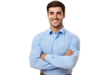 Handsome smiling businessman in blue shirt standing with arms crossed