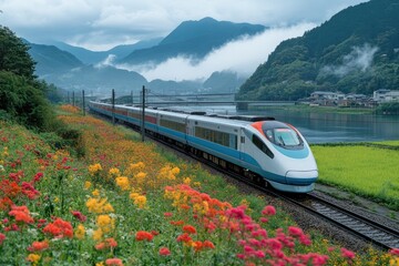 Modern high-speed train passing through colorful flower fields in japan countryside