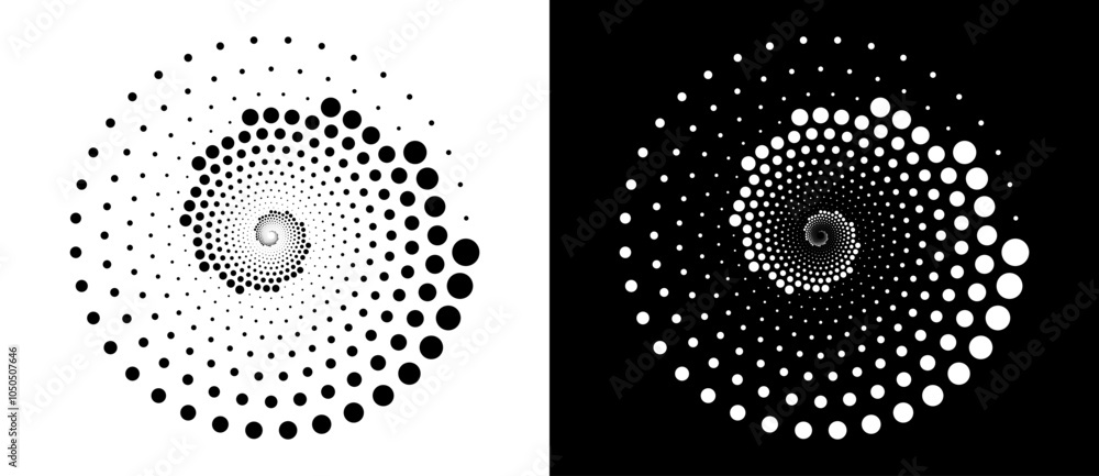 Aufkleber Modern abstract background. Halftone dots in circle form. Spiral logo, icon or design element. Black dots on a white background and white dots on the black side.