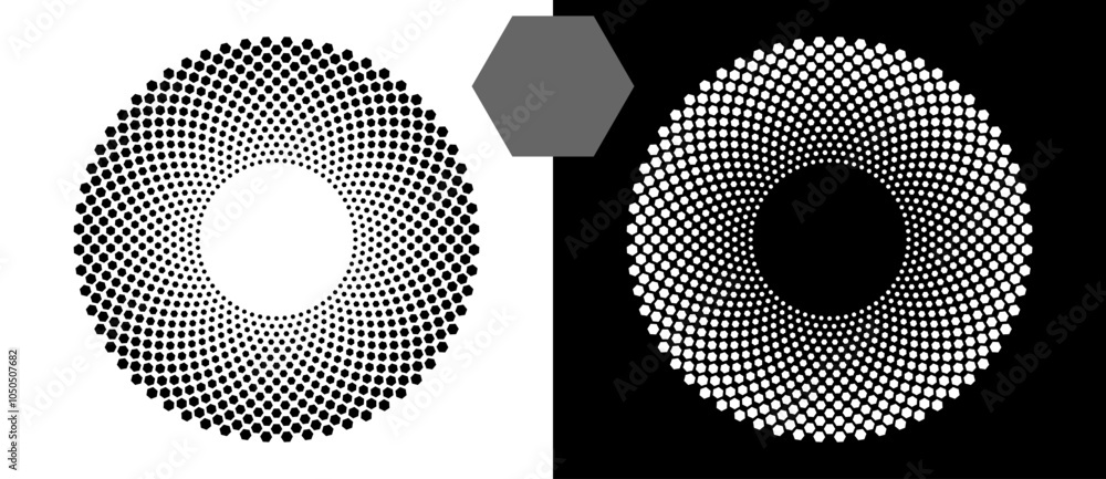 Aufkleber halftone round as icon or background. abstract vector circle with hexagons as logo or emblem. black 