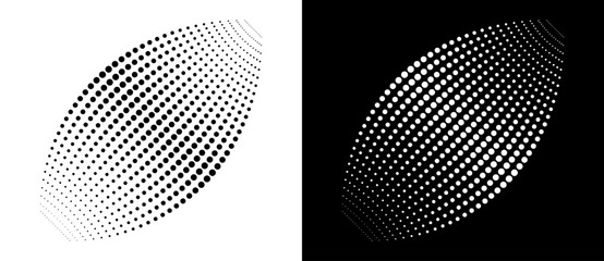 Modern abstract background with halftone dots. Design element or icon, logo. Black shape on a white background and the same white shape on the black side.