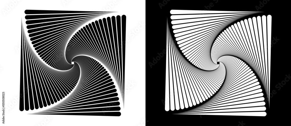 Aufkleber Modern abstract background with art squares in rotation. Design element or icon with lines. Black shape on a white background and the same white shape on the black side.