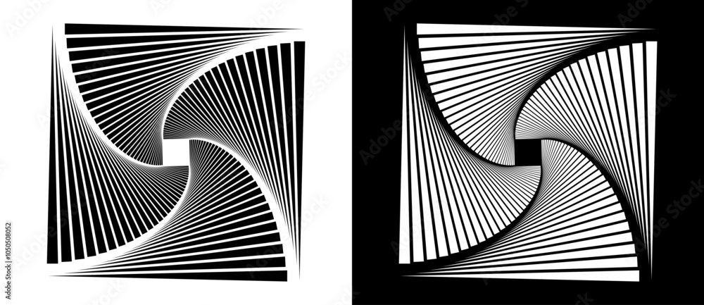 Aufkleber Modern abstract background with art squares in rotation. Design element or icon with lines. Black shape on a white background and the same white shape on the black side.