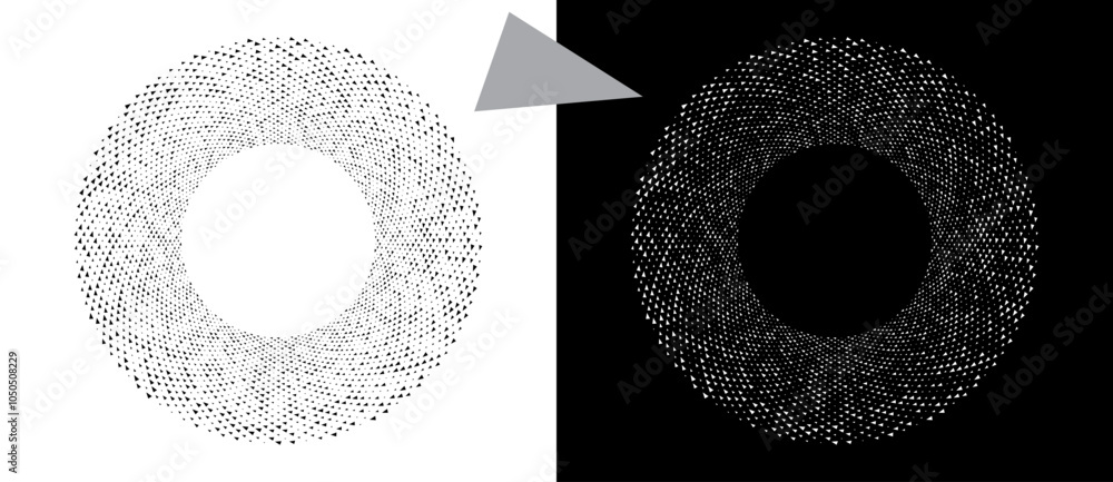Poster Modern abstract background with halftone triangles in circle form. Round logo. Black shape on a white background and the same white shape on the black side.
