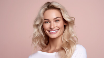 Naklejka premium Smiling woman with wavy blonde hair on soft pink background