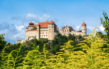 Obraz premium A historic castle of Harburg in Germany with red-tiled roofs situated on a hilltop, surrounded by lush greenery.