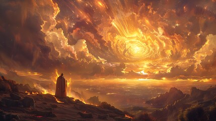 A surreal rendering of the moment Abraham sacrifices the ram, the flames glowing with a soft, ethereal light. Abraham stands to the side, his head bowed in prayer,