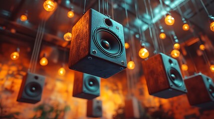 A cluster of wooden speakers hang from the ceiling, illuminated by warm incandescent light bulbs.