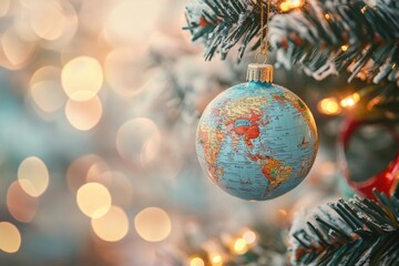 Christmas ornament designed as a world map hanging on a snowy pine tree, symbolizing New Year travel