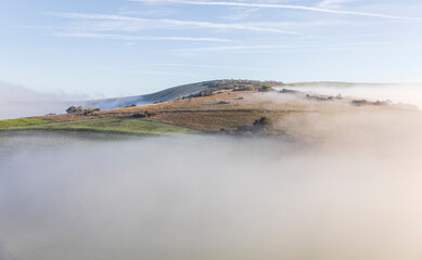 The crest of wilmington hill on the south downs east Sussex emerging from early morning mist and...