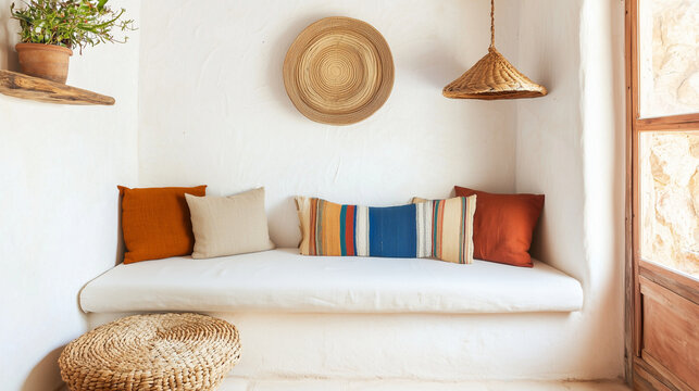 A simple, rustic Mediterranean small living room with earthy tones and organic materials