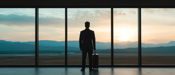 Fototapeta premium A silhouette of a businessman standing at a large window, gazing at the sunrise with a suitcase, symbolizing travel and ambition.