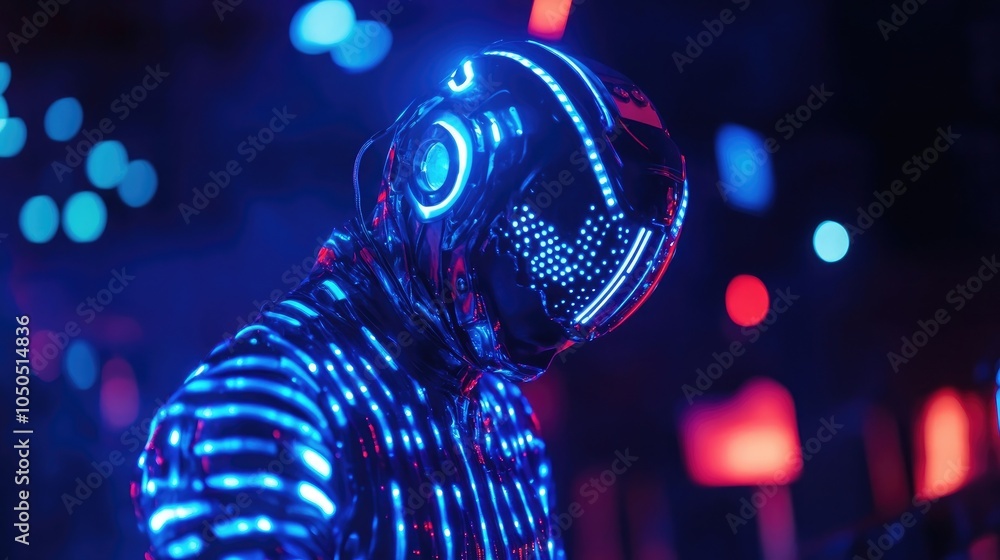 Poster anonymous figure in an led suit, embodying a futuristic space character at a digital event