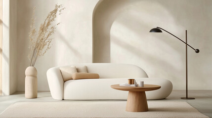 Minimalist, elegant living room with sculptural furniture, soft neutral palette, artful lighting