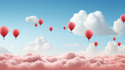 Obraz premium Red hot air balloons floating above pink clouds in a clear blue sky