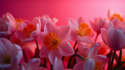 Obraz premium Delicate daffodils with orange stamens on a pink background create an atmosphere of spring and joy.