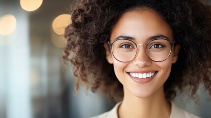 Obraz premium Smiling Woman with Curly Hair and Glasses