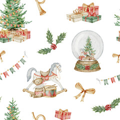 Christmas watercolor seamless Pattern with vintage baby toys and presents. Xmas background with rocking horse and spruce tree for wrapping paper or New Year banner. Illustration with gift boxes. © Alisles
