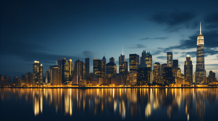 Naklejka premium Illuminated city skyline with reflections on calm water at dusk