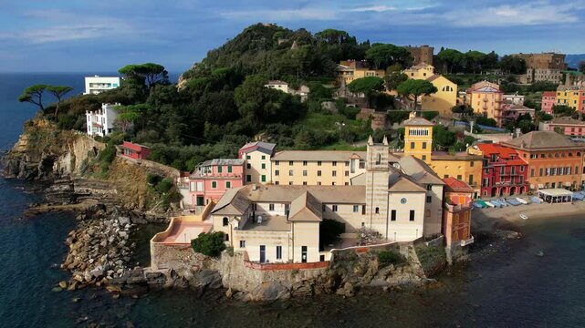 Liguria, Italy travel. beautiful Bay of Silence and beach, town Sestri Levante. 4k hd aerial drone video. panoramic view with colorful houses 