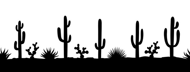 Horizontal landscape silhouette with cactus in desert. Background scene with cacti. Black vector landscape desert illustration © Mariia