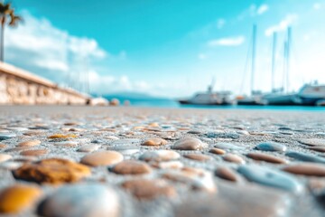 Ground level angle view, smooth terrazzo surface with blurred harbor boats and blue sky in the background, light tones creating a breezy, coastal ambiance, ad promo template, product mockup