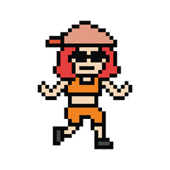 Fototapeta premium Cute pixel cartoon 8bit character woman lady run or running jog cardio lifestyle for decoration life style 8 bit female jog marathon exercise png vector.