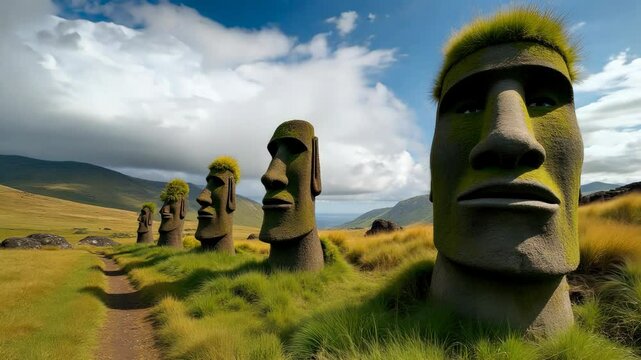 easter IslandMoai statues standing on a grassy plain under a bright sky, representing the harmony between nature and history