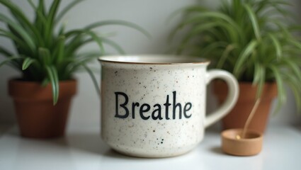 Cozy ceramic mug with Breathe surrounded by plants  incense