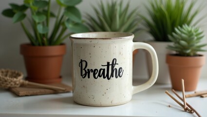 Fototapeta premium Cozy ceramic mug with Breathe surrounded by plants incense