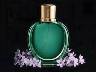 Green bottle of perfume with flower mock up 