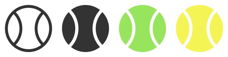 Vector illustration of tennis balls in four different color variations, symbolizing sports, fitness, and leisure activities. Perfect for sports-related designs.