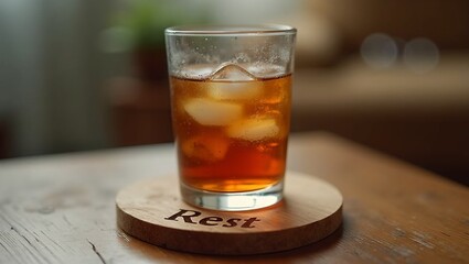 Cozy living room scene with wooden coaster saying Rest under glass of iced tea