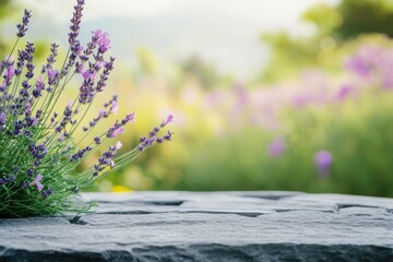Ground level angle view, solid gray stone surface with blurred meadow of lavender and wildflowers in the background, showcasing copy space, ad promo template, product placement, floral field decor