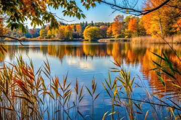Autumn peaceful scene on the lake with reed reflections