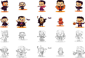 Obraz premium Cute Halloween Cartoon Characters in Vampire Costumes Set