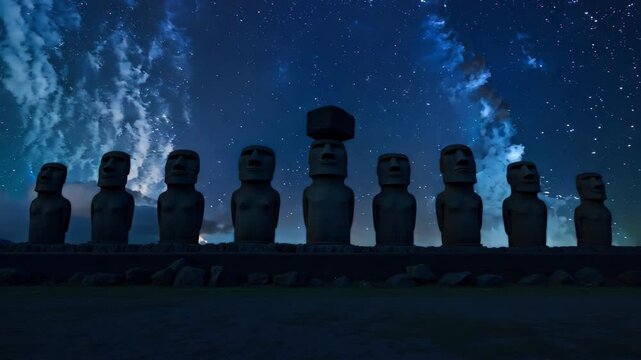 easteMoai statues under a starry night sky, capturing the mystique and spirituality of Easter Islandr Island